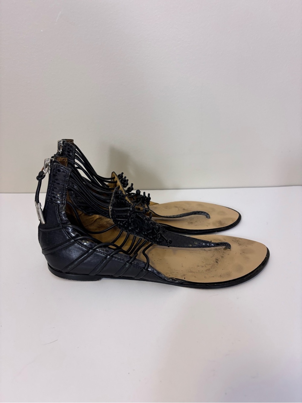 LAMB Black Leather Strappy Thong Gladiator Flat Sandals - Women's 8